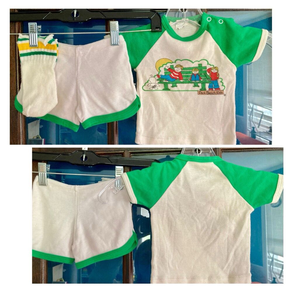 1970s 1980s Park Bench Kids Green And White Three Piece Baseball Tee Outfit
